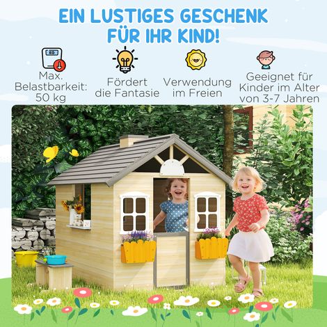 Cabane en bois pour enfants avec porte, fenêtre, boîte aux lettres, support de pots de fleurs, abri de jardin pour garçons et filles de 3 à 7 ans, jeu d'intérieur et d'extérieur, naturel