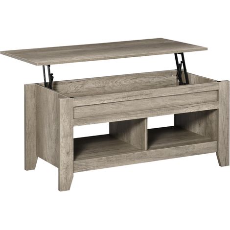 HOMCOM Table basse plateau relevable, table de salon avec étagères et compartiment caché,105 x 50 x 49-62,5 cm pour salon, chambre, aspect chêne clair