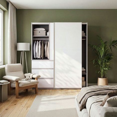 Armoire - 2 portes coulissantes 3 tiroirs - Décor Blanc - L170 x P61 x H200 cm - WINN 2 (1/3)