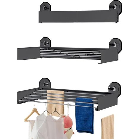 Séchoir à linge avec ventouse, 50 x 25 cm, pliable, extensible, montage mural, peu encombrant, avec 4 barres, pour l'intérieur et l'extérieur, noir (1/5)