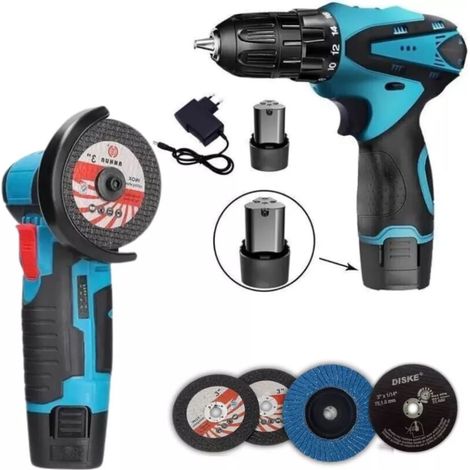 KIT TRAPANO AVVITATORE A BATTERIA MINI SMERIGLIATRICE ANGOLARE 12V 2 BATTERIE