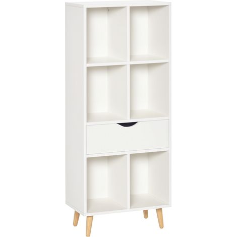 Bücherregal mit einer Schublade und Holzbeinen, 6 offene Ablagefächer, 50 x 29,5 x 120 cm, Weiß