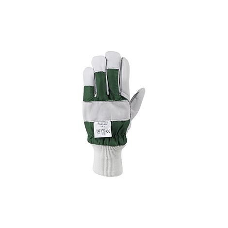 gants pour travaux forestiers. dos de l'index et du pouce en cuir fleur de vachette. doublure molleton. poignet tricoté de 7 cm.