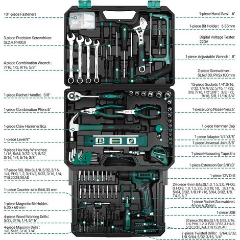 Caisse à Outil Complète: Boite à Outils 238 Pièces avec Perceuse Visseuse Sans Fil 12V - Boite à Outils avec Scie, Pince, Établi Portable et Rangeoutils pour Réparation - Vert (1/5)