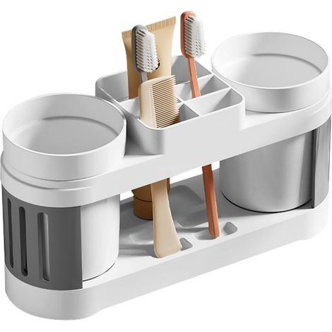 Soporte para cepillos de dientes con dos vasos para enjuague bucal, almacenamiento de cepillos de dientes, soporte para cepillos de dientes eléctricos, organizador de baño (1/5)