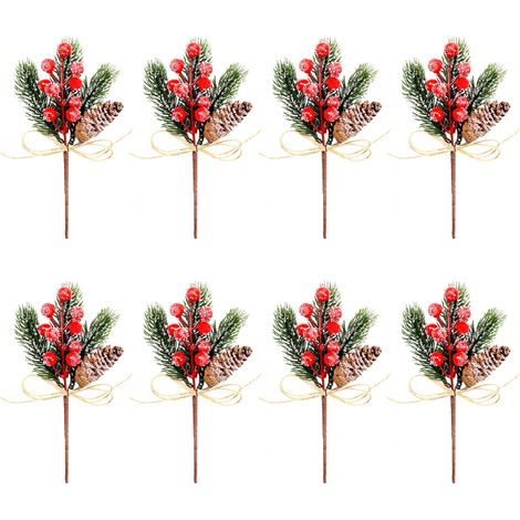 Branches Artificielles - Baies Rouges - Décoration Noël - Couronne DIY - 8 Pièces - 22 cm - Gris (1/5)