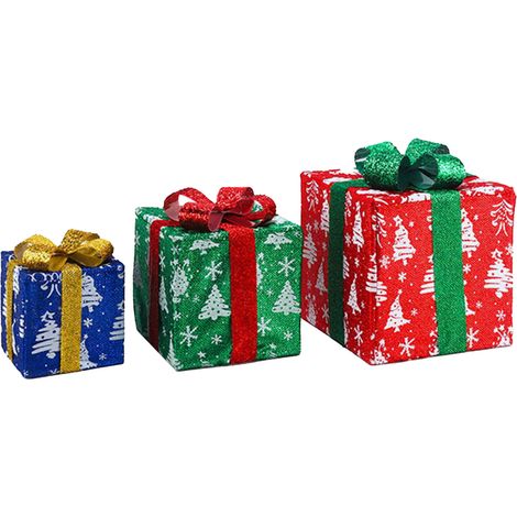 Lot de 3 boîtes cadeaux lumineuses de Noël en plastique, motif flocon de neige, pour décorer le sapin et la maison pendant les fêtes. (1/3)