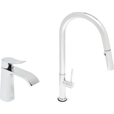 set de grifo monomando para lavabo con caño en cascada + grifo monomando para cocina, ducha extraíble y brazo giratorio, cromo ( (1/5)