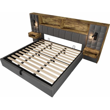 Lit capitonné 180x200 gris avec rangement, LED, 2 lampes et ports USB-C, avec sommier (1/5)