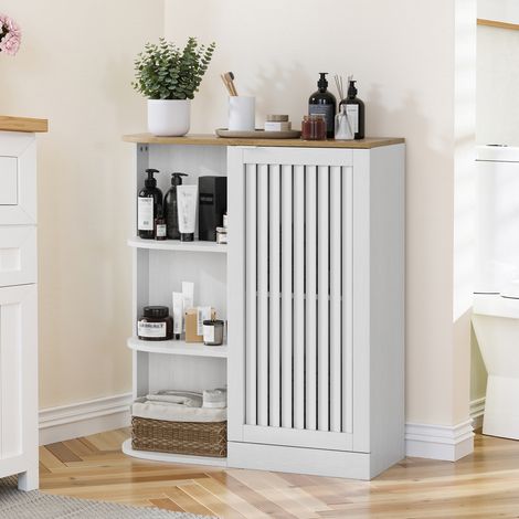 Meuble d’angle 68x25x76 cm blanc et chêne en MDF avec étagères ouvertes et rangement fermé (1/5)