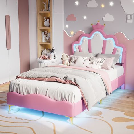 Lit enfant simple 90x200cm, Lit princesse avec sommier à lattes et éclairage LED, Tête de lit réglable en forme de couronne, PU, Rose, sans Matelas (1/5)