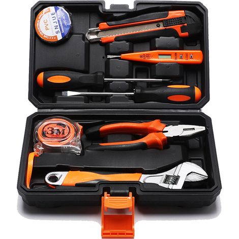 Kit de bricolage 9 pièces dans coffret, ensemble avec clés, pince et tournevis pour petites réparations domestiques et entretien automobile