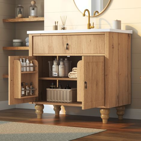 Mobile sottolavabo 81x47x86 cm in MDF e ceramica legno naturale – MEUBLIV (1/5)