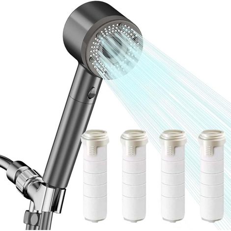 Soffione doccia economico cromato con filtro anticalcare riutilizzabile, 5 tipi di getto, 4 filtri in PP inclusi – Grigio