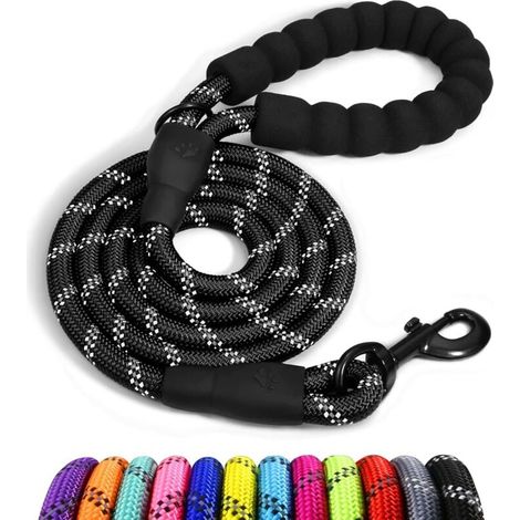 Chien Corde, Laisse pour Chien en Nylon avec Poignée Rembourrée Douce et des Fils réfléchissants, 150cm x 1.2cm, Noir (1/5)