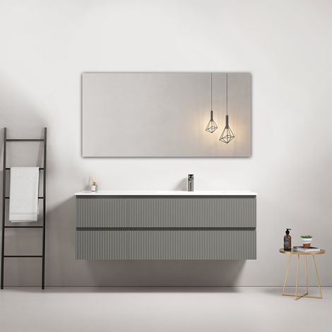 Mobile bagno sospeso cannettato 140 cm Grigio Londra Lavabo a Destra in Resina Specchio Quadro - Fiji Paint (1/4)