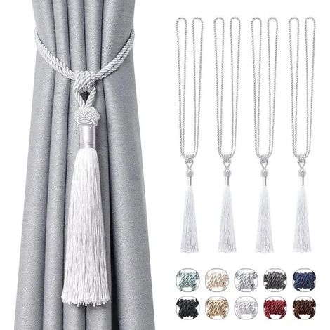 Lot de 4 embrasses longues à pompons, faites main en corde tressée avec nœuds, style européen pour rideaux et - Gris Argenté 4 Pack (1/5)