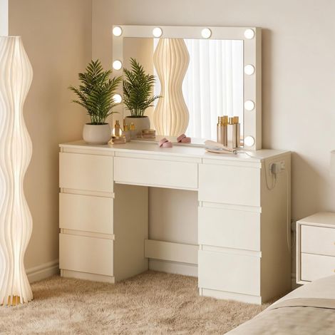 Schminktisch mit Spiegel, Steckdosen und 7 Schubladen 110 cm OKMYHOME (1/5)