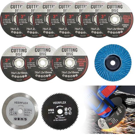 Lot de 13 disques à tronçonner de 76 mm pour meuleuse d'angle - Pour alésage de 10 mm - 4 types de disques abrasifs pour couper le métal, le plastique et le bois (1/5)