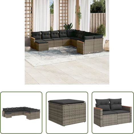 Rattanmöbel -  11-tlg. Garten-Sofagarnitur mit Kissen Grau Poly Rattan (1/5)