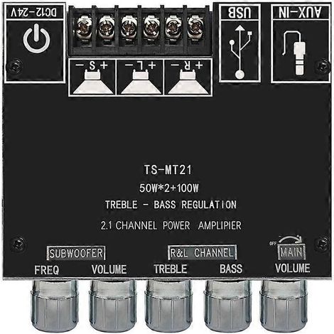 Carte d'amplificateur de subwoofer MT21 2.1 canaux Bluetooth 5.0, puissance 50 W x 2 + 100 W, amplificateur audio stéréo, entrée auxiliaire. (1/5)