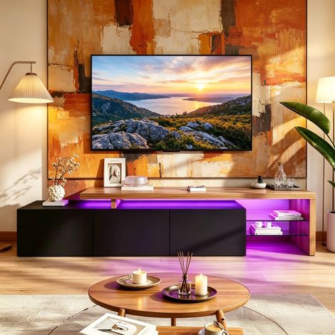 JOOKGBD-Moderner TV-Schrank,TV-Lowboard 200cm mit ausziehbarer Platte,Hochglanz in Holzoptik,LED-Beleuchtung & 3 Schubladen,Schwarz