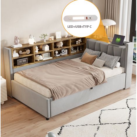 DESVIAE Canapé lit rembourré 90 x 200 cm avec rangement hydraulique veilleuse ports USB et Type C étagères tête de lit rembourrée en velours gris (1/5)