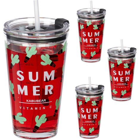 Relaxdays 4x Children's Cups, Cacti Motif, Drinking Glass for Kids, with Handle, Lid & Straw, 450 ml Scale, Transparent