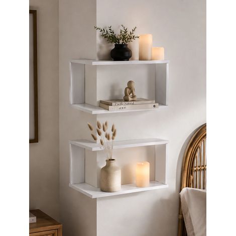 (Lot de 2 blancs) Étagère d'angle murale rustique, étagères flottantes en bois, support de rangement mural pour plantes, photos et décoration intérieure (1/5)