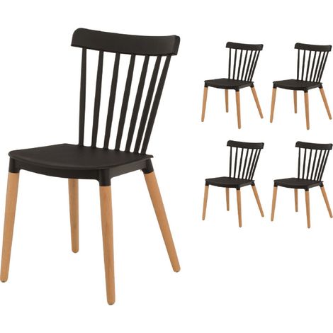 Set mit 4 Stühlen im skandinavischen Stil mit Stangen Modell POP - Schale aus schwarzem Kunstharz und Beinen aus Naturholz
