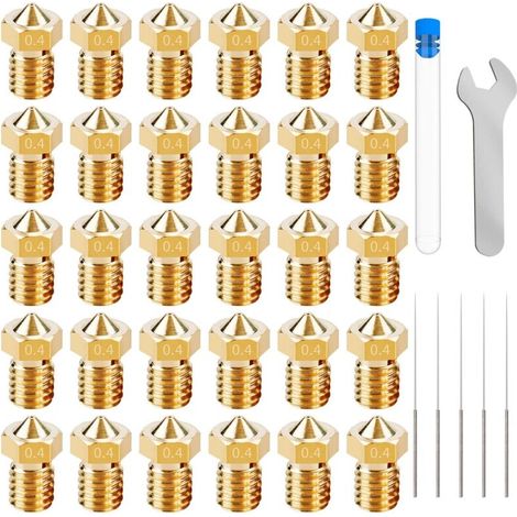 30 PCS Buse imprimante 3D,Buses D'extrudeuse,Pour L'imprimante 3D De Filament De 1.75mm E3D V5-V6,En Laiton 0.4mm Extrudeuse Nozzle D'imprimante 3D,Acier Inoxydable Aiguilles Buse De Nettoyage