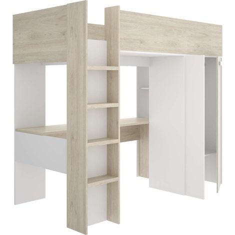 Cama alta juvenil Zero cama, escritorio y armario en alistonado natural-blanco, 177cm(alto) 205cm(ancho) 112cm(largo) (1/4)