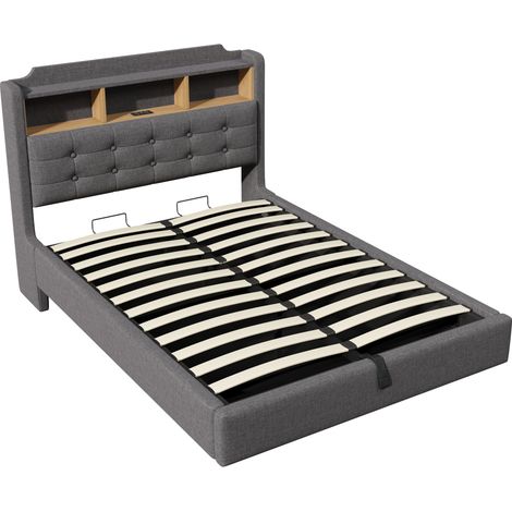 Lit coffre 140x200 gris en tissu lin, lit adulte 140x200 avec LED multicolore, rangement hydraulique, tête de lit et ports USB (1/5)