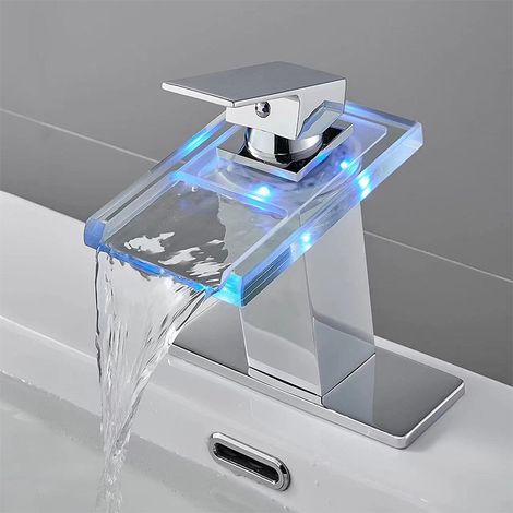 Robinet de lavabo de salle de bain à LED, cascade d'eau chaude et froide, poignée monotrou avec 2 conduites d'eau, bec en verre (argent) (1/5)