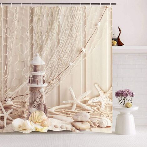 150 x 180 cm beigefarbener Duschvorhang mit Ringen, Muschelmuster – Digitaldruck – Polyester – schimmelresistent (1/4)