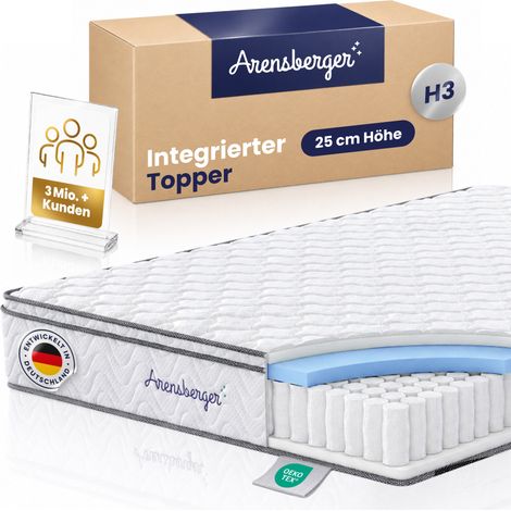 Arensberger VIKTORIA Matratze H3, 25 cm Taschenfederkernmatratze mit integriertem 5 cm NANOCELL Gelschaum-Topper, waschbarer Bezug