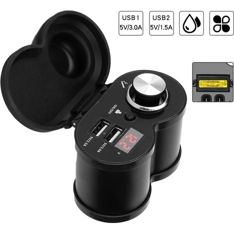 Chargeur de téléphone multifonction double USB pour moto avec voltmètre et allume-cigare (noir) (1/5)