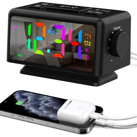 Réveil Numérique Réveil Coloré avec Radio FM Horloge Numérique Chevet pour Enfants et Adolescents Luminosité et Volume Réglables 2 Ports Charge USB Noir
