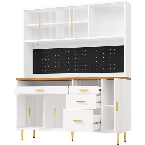 Aparador alto con iluminación LED 145 x 24 x 171 cm en MDF, metal y vidrio blanco HOMVRA (1/5)