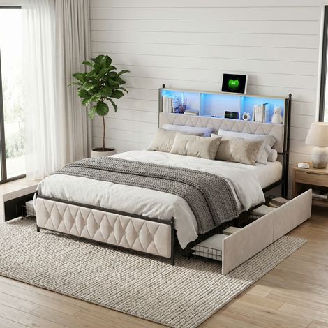Letto per adulti, Letto matrimoniale 140x200 cm in velluto con 4 cassetti, testiera con vano contenitore, illuminazione LED e porte USB, rete a doghe inclusa, beige