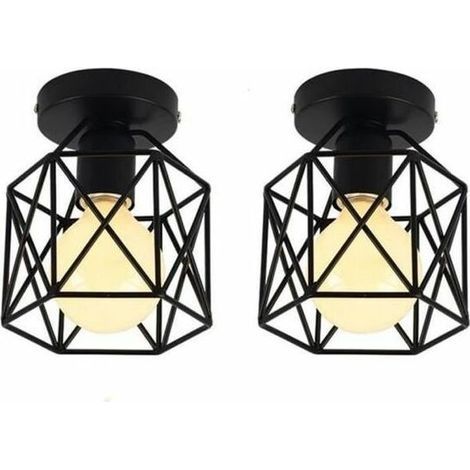 Lot de 2 Plafonnier Industrielle en Métal Cage Carré, Lustre Abat-jour Fer Luminaire E27 40W Noir pour Salon Chambre Bar (1/5)