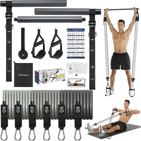 Elastiques de Musculation Barre de Pilates avec 6 Bandes de Résistance Élastique 240LBS/360LBS Ancrage de Porte Réglable Amovible pour Fitness Yoga Étirement Squat (1/5)