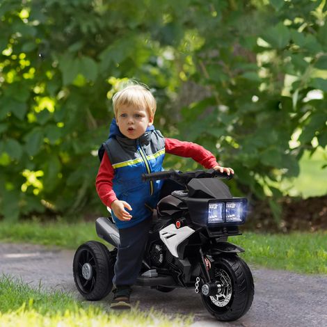 Moto électrique pour enfants avec lumières, klaxon, musique, pneus larges, vitesse de 3 km/h, noire