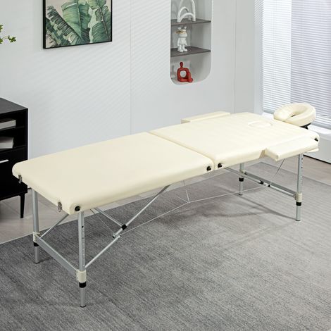 Table de massage pliable et transportable crème 210x90 cm avec sac de transport, capacité max 225 kg, hauteur ajustable (1/5)