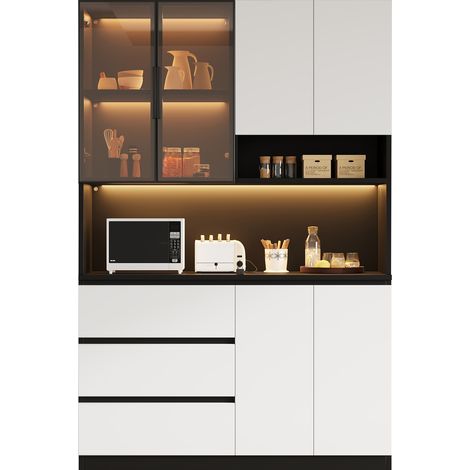 Armoire de cuisine avec éclairage LED, buffet de cuisine 6 portes et 3 tiroirs, meuble de rangement pour micro-ondes 120cm (1/5)