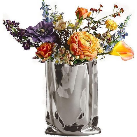 Vase moderne en céramique argentée, sac en papier froissé, vase en céramique fait main, ornements créatifs pour compositions florales (1/5)