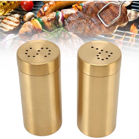Tarros de especias chapados en oro, botellas de acero inoxidable para condimentos, para almacenar pimienta, sal, azúcar, chile en polvo, un accesorio de cocina esencial, tapas de rosca. (1/5)