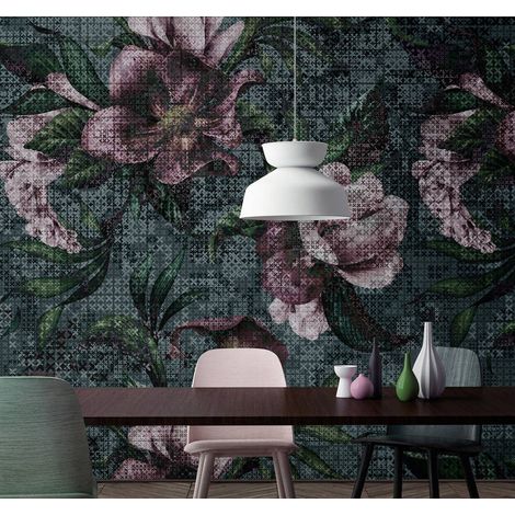 Papier peint panoramique moderne pour salle de bain | Tapisserie panoramique verte, violette et grise | Papier peint panoramique fleuri tendance - 270 x 400 cm (4 pièces) (1/5)