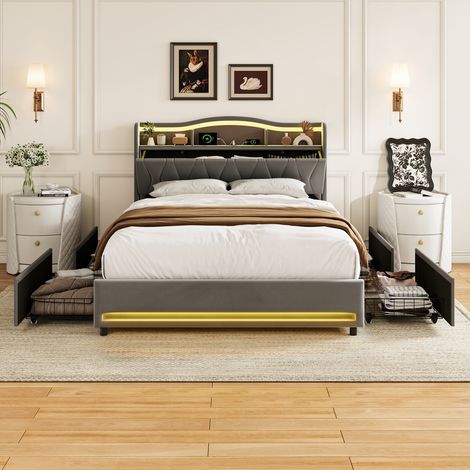 Lit Coffre 160x200cm avec sommier, Lit rembourré en Velours Luxueux avec Éclairage LED, Prises USB/Type-C, Rangement Hydraulique, Cadre de Lit Rembourré, Gris (1/5)