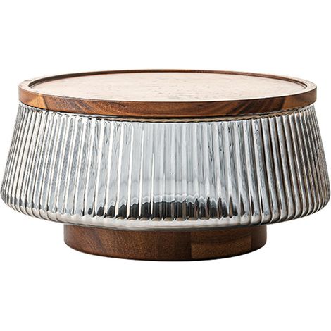 Transparent Glass Salad Bowl On Wooden Base Showcase Fresh